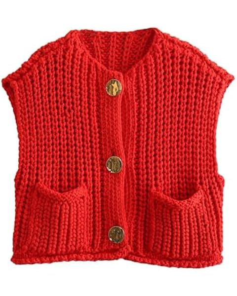 Hixiaohe Womens Crochet Chunky Knit Top Sleeveless Button Down Crop Tops Trendy Cardigan Sweater ... | Amazon (US)