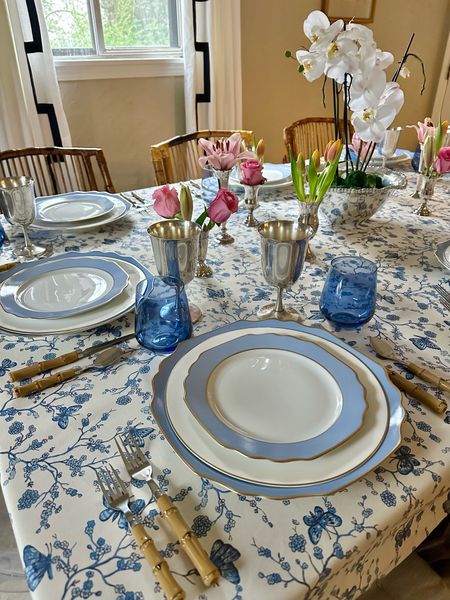 All the details from this blue and white tablescape using my new The Inside tablecloth and Pickard China (not linked but in Georgian blue) we registered for. You won’t believe the price of this bamboo flatware (dishwasher safe) and it’s the perfect way to make a dressy table still feel casual as opposed to using everyday flatware or my silver pattern. 

I hope this gives you some inspiration as you plan any Easter, Mother’s Day, or bridesmaids tablescapes! 

Blue and white tablecloth, bamboo chairs, bamboo flatware, wedding registry, wedding China, Pickard China, silver goblets, Bud vase, Beatriz ball, spring table 

#LTKparties #LTKfindsunder100 #LTKhome