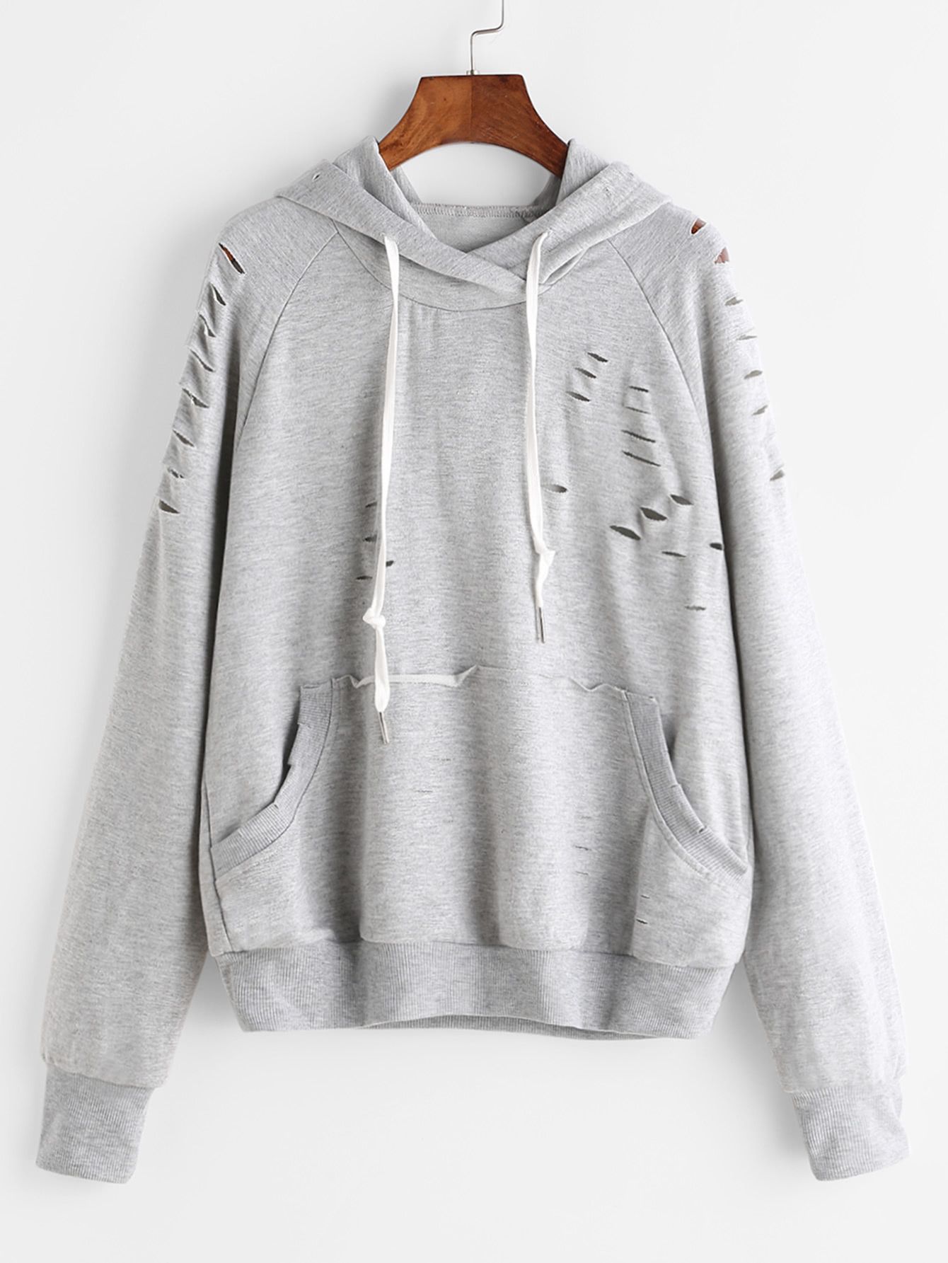 Heather Grey Raglan Sleeve Distressed Hoodie | SHEIN