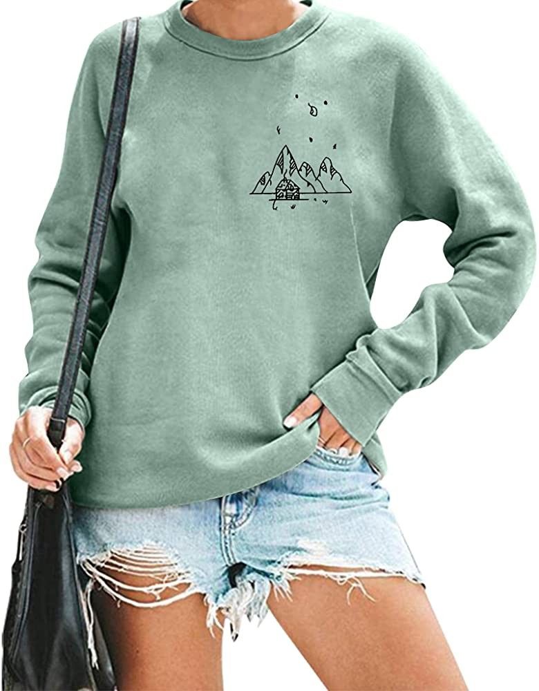 Camping Sweatshirt for Women Long Sleeve Mountain Printed Graphic Pullover Shirt Hiking Vacation ... | Amazon (US)