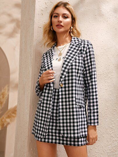 Single Button Gingham Blazer & Skirt | SHEIN