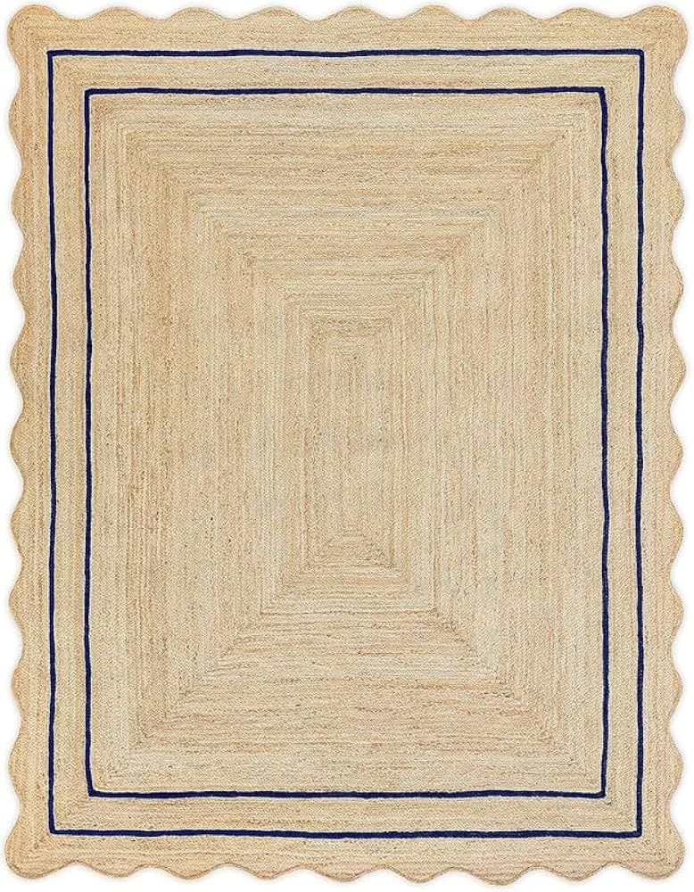 Scalloped Natural Jute Rug Boho Jute Rug Entryway Runner Rug Farmhouse Scallop Rug, (Navy, 8'x10) | Amazon (US)