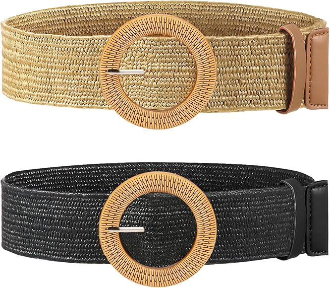 2 Pieces Women Straw Woven Elastic Stretch Waist Belt Skinny Dress Braided Waist Belt with Wooden... | Amazon (UK)