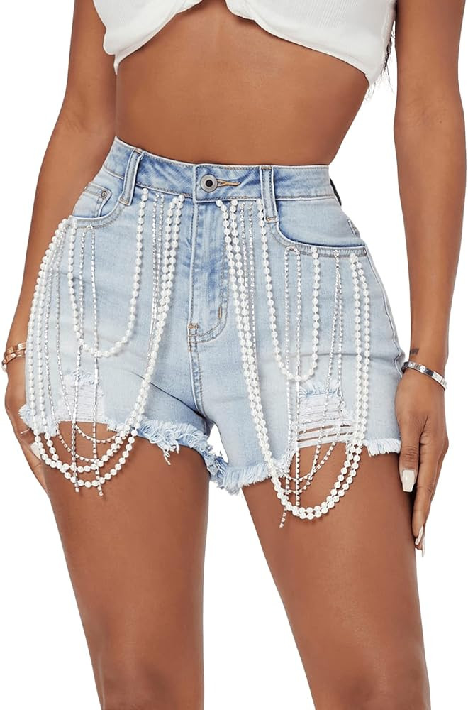 Verdusa Women's Rhinestone Pearl Beaded Frayed Raw Hem Denim Shorts | Amazon (US)