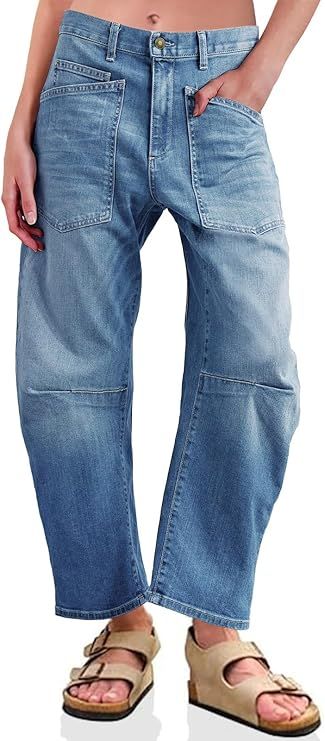 PLNOTME Womens Baggy Barrel Horseshoe Jeans High Waisted Wide Leg Vintage Denim Pants with Front ... | Amazon (US)