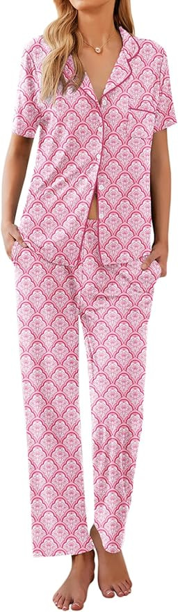Ekouaer Women Pajamas Set Button Down Sleepwear Short Sleeve Nightwear with Long Pants Soft Pjs S... | Amazon (US)
