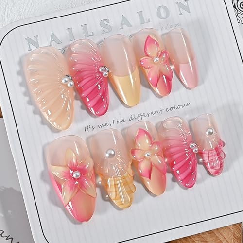24Pcs French Tip Pink Flower Press on Nails Fake Nails with 3D Flowers Pearl Designs Floral False Nails Pink Gradient Acrylic Nail Tips Spring and Summer Stick On Nails for Women Daily Wear | Amazon (US)