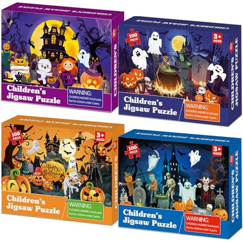 4 Packs 100Pcs Halloween Puzzle for Kids Ages 4-6 Halloween Pumpkin Jigsaw Puzzles for Toddlers 3-5 Ghost Castle Kids Puzzles Toys for Educational Game Spooky Family Puzzle Gift for Boys Girls | Amazon (US)