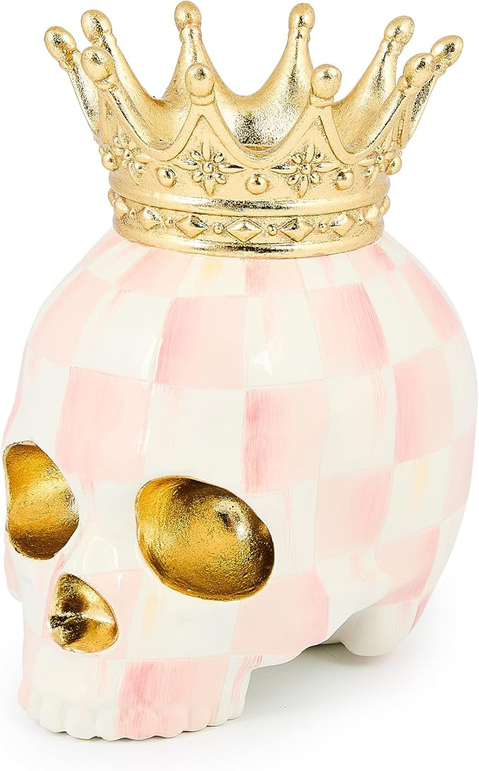 MACKENZIE-CHILDS Crowned Skull, Resin Halloween Home Decor, Pink-and-White Rosy Check | Amazon (US)