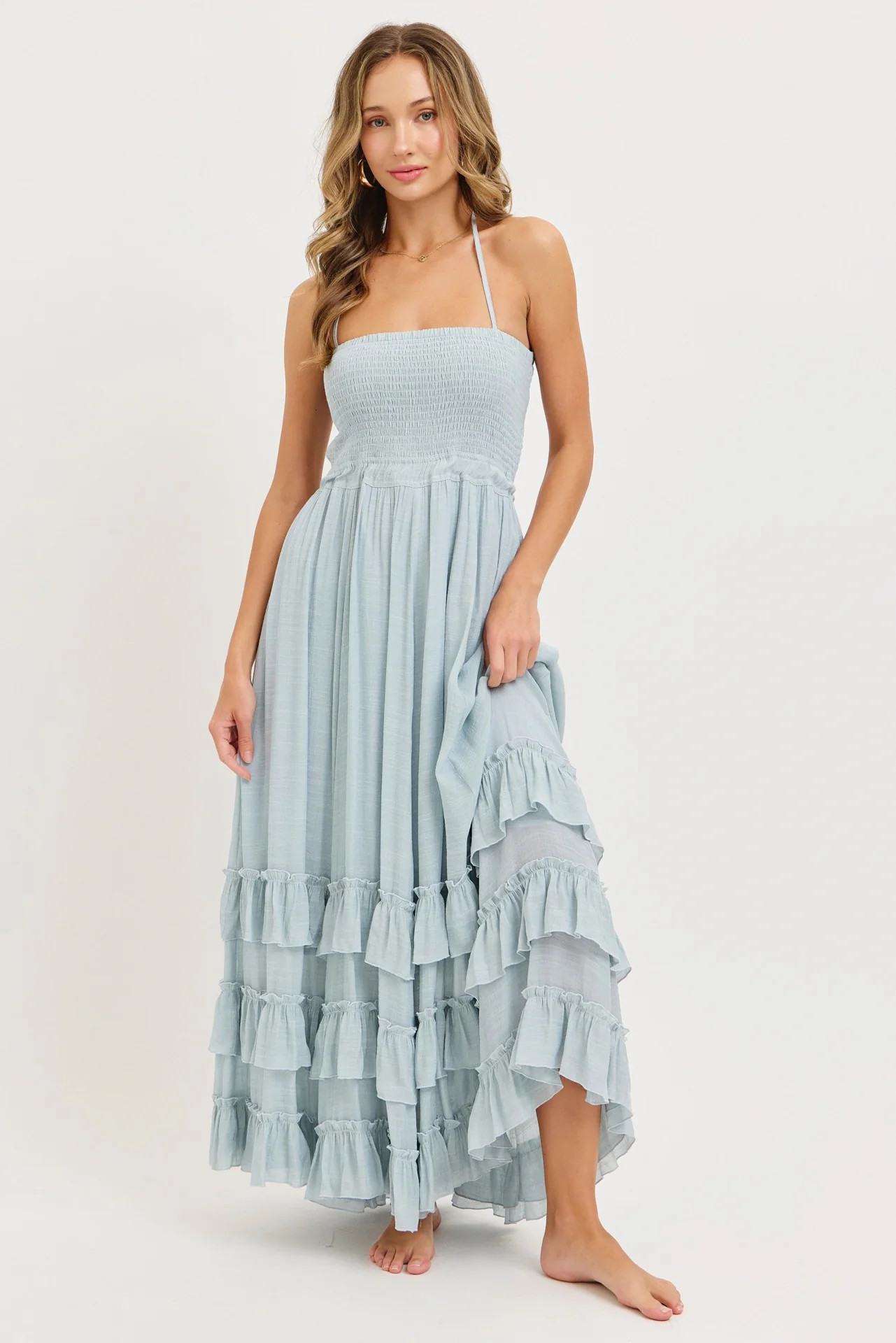 Light Blue Halter Smocked Ruffle Tier Hem Maxi Dress | PinkBlush Maternity