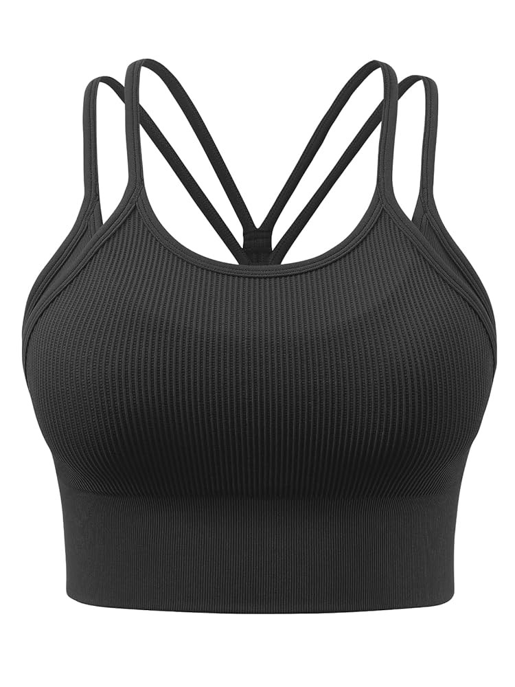 Womens Longline Sports Bra Strappy Padded Workout Top Double Layered Crop Tank Tops | Amazon (US)