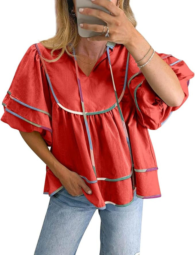 Cicy Bell Womens Summer Babydoll Tops V Neck Short Lantern Sleeve Shirts Cute Loose Fit Peplum Fl... | Amazon (US)