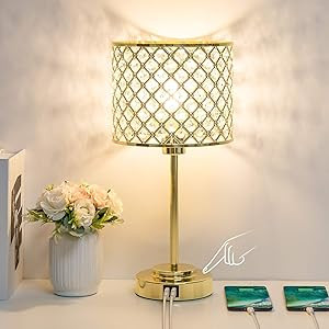 Touch Control Crystal Table Lamp with 2 USB Ports, Boncoo 3-Way Dimmable Bedside Lamp Gold Crysta... | Amazon (US)