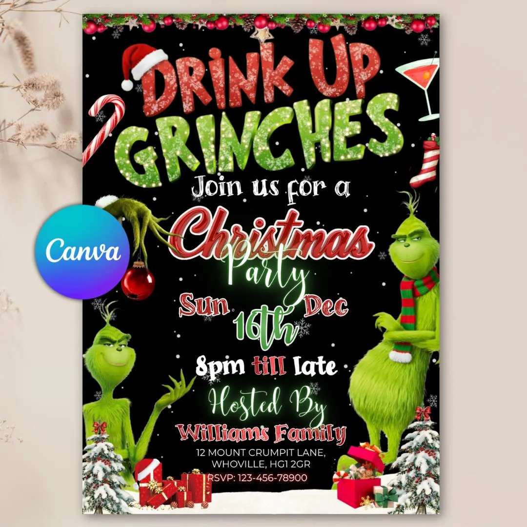 Drink up Grinch Invitation, Grinchmas Party Invite, Christmas Party Invitation, Grinchmas Party, ... | Etsy (US)