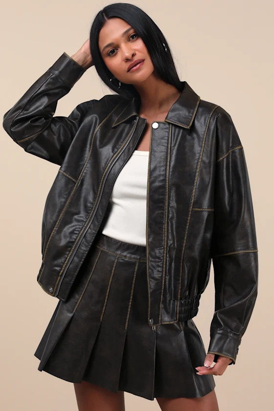 Coolest Era Dark Brown Oversized Vegan Leather Bomber Jacket | Lulus
