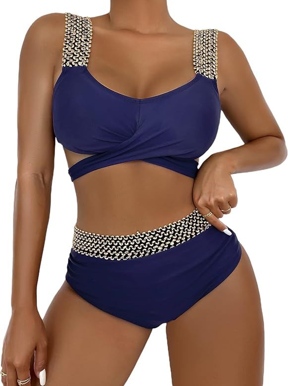 MakeMeChic Women's 2 Piece Bathing Suit Glitter Trim Wrap High Waisted Bikini Swimsuit | Amazon (US)