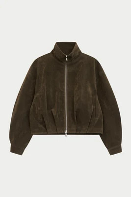 SUEDE FUNNEL NECK JACKET - BROWN | The Couture Club