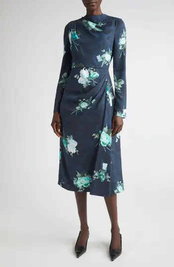 Abstract Rose Print Draped Long Sleeve Stretch Cady Midi Dress | Nordstrom