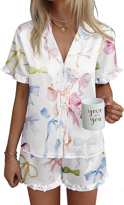Ekouaer Satin Pajama for Women Short Sleeve Silky Pj Short Set Bow Front Tie Up Loungewear Sleepw... | Amazon (US)