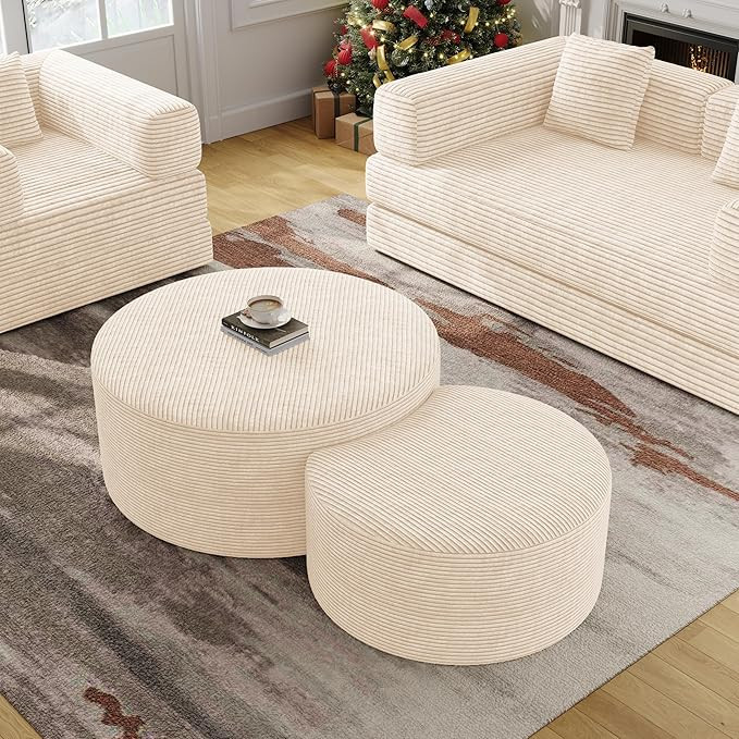 BSHOMGI Round Coffee Table Set of 2, Movable Ottoman for Corduroy Cloud Sectional Couches Circle ... | Amazon (US)