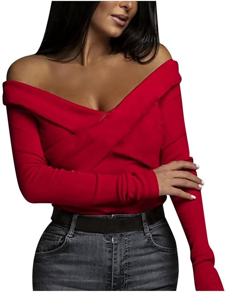 Off The Shoulder Tops for Womens Cross Deep V Neck Tee Shirt Trendy Long Sleeve T-Shirts Slim Fit... | Amazon (US)