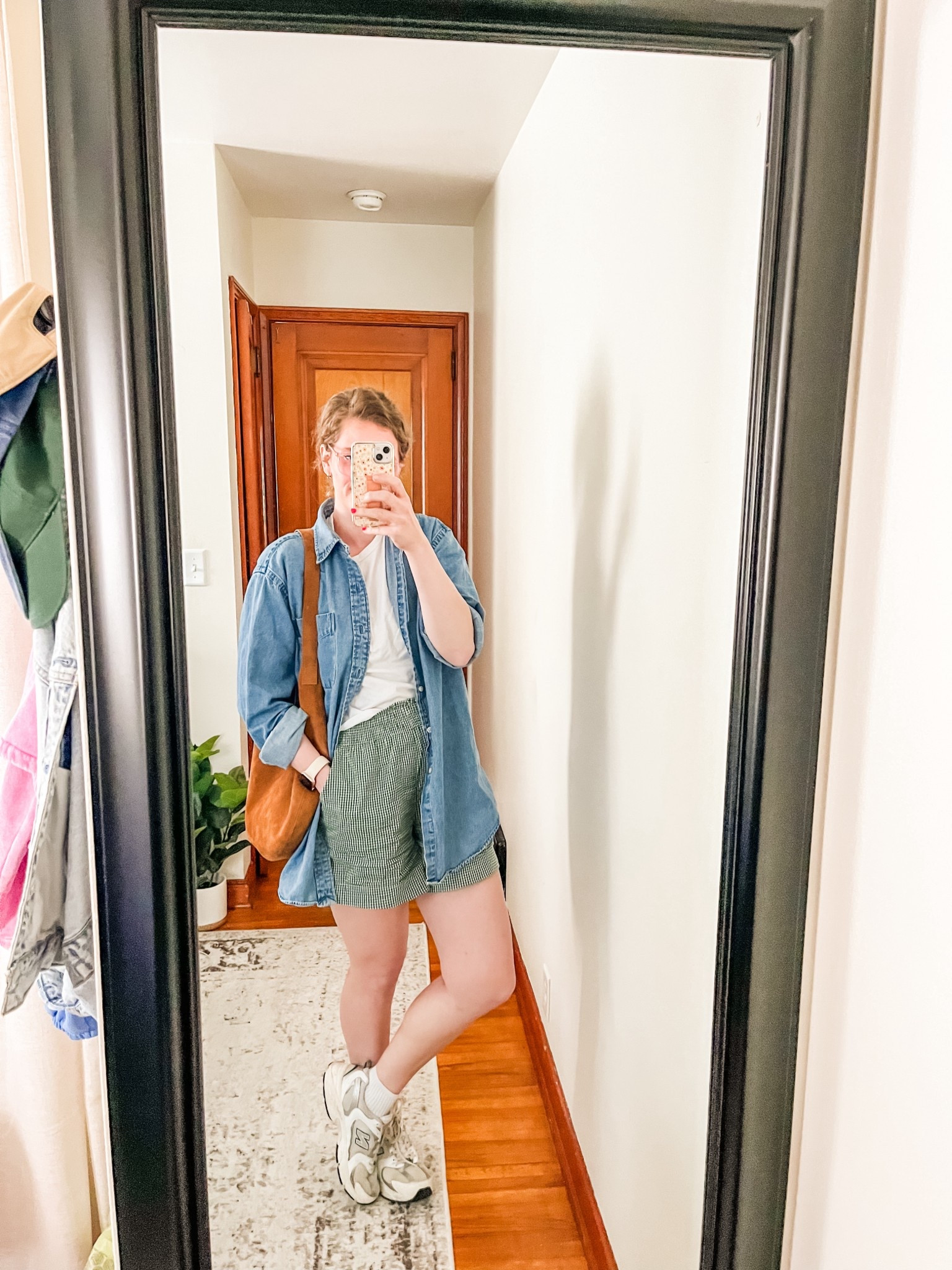 These shorts I’ve worn on repeat this summer! They are from aerie, true to size, so light weight, and the green gingham design goes with so many of my favorite colors and outfits 😍 I wear a size medium in them and they are perfect! 

The top is a classic white T from Abercrombie, and the button up can be found at almost any store but I love the ones from Old Navy —I did size up to a Large! 

My fav dad shoes, claw clip, earrings from Etsy, and my fav purse from Old Navy! I get compliments on it all the time! 