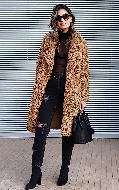 Angashion Women's Fuzzy Fleece Lapel Open Front Long Cardigan Coat Faux Fur Warm Winter Outwear J... | Amazon (US)
