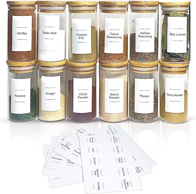 12 Piece- Eco-friendly Bamboo Lid Glass Spice Jar Set with 84-Minimalist Pre-Printed Waterproof S... | Amazon (US)