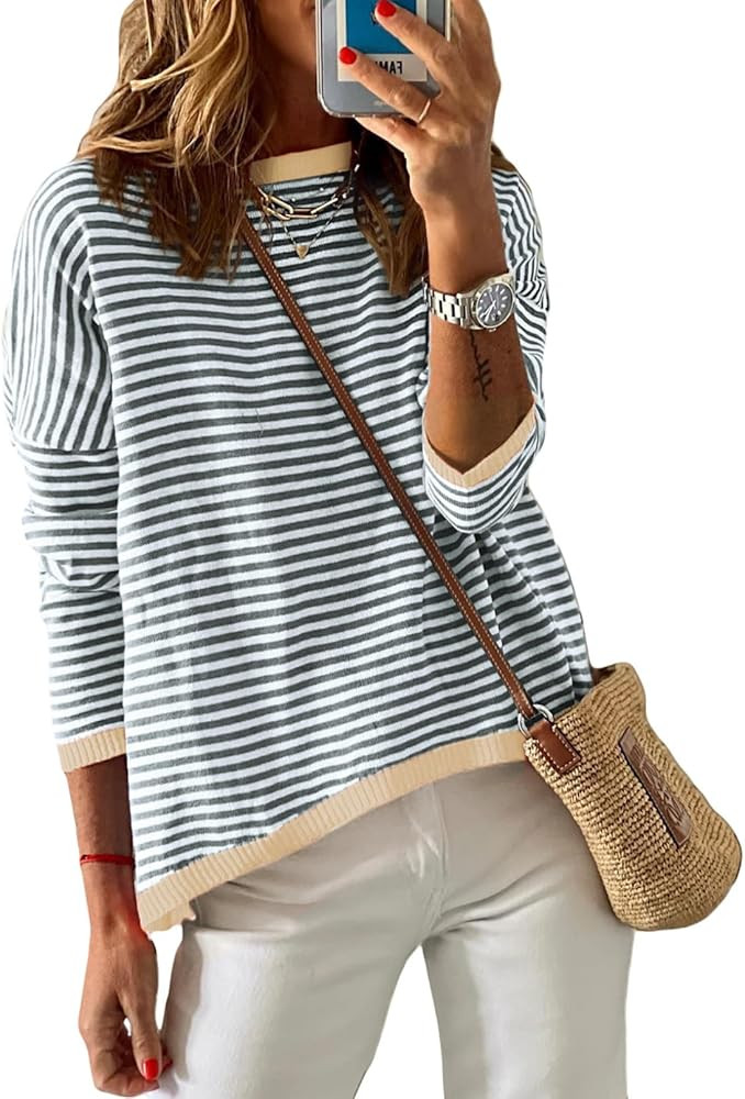 Dokotoo Womens 2024 Long Sleeve Tops Sweaters Casual Crewneck Striped Color Block Drop Shoulder C... | Amazon (US)