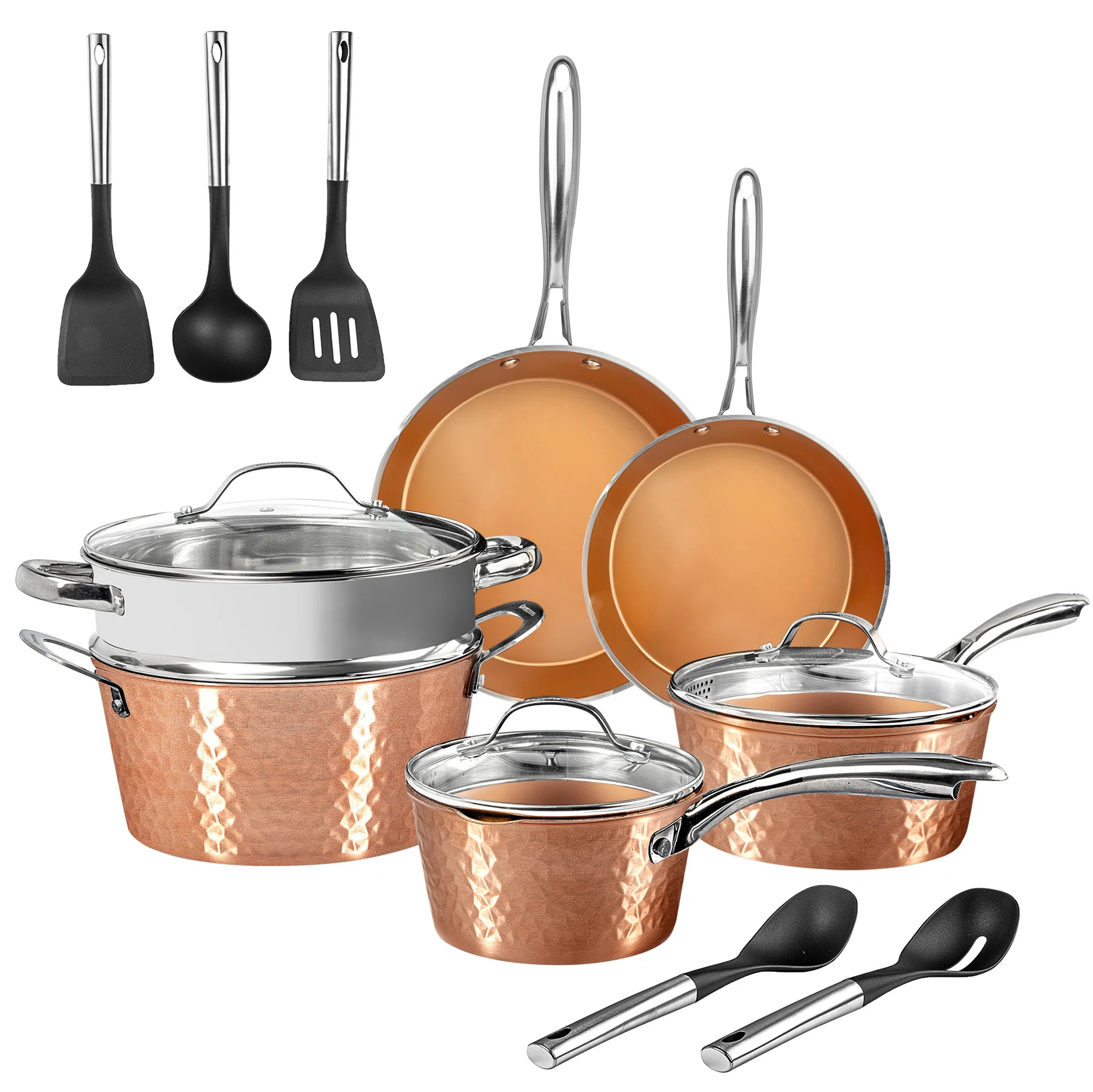 Gotham Steel Hammered Copper 15 Piece Nonstick Cookware Set With Utensils | Wayfair North America