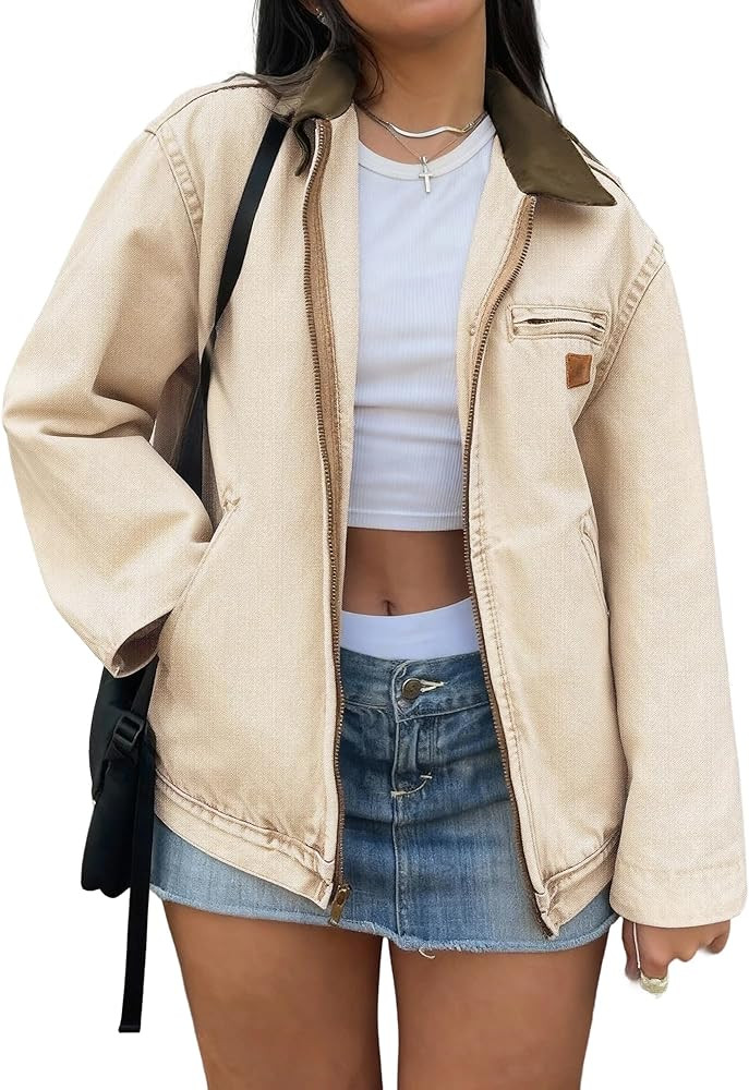 EMMIOL Barn Jean Jacket for Women Zipper Fall 2025 Clean Fit Long Sleeve Denim Jackets | Amazon (US)