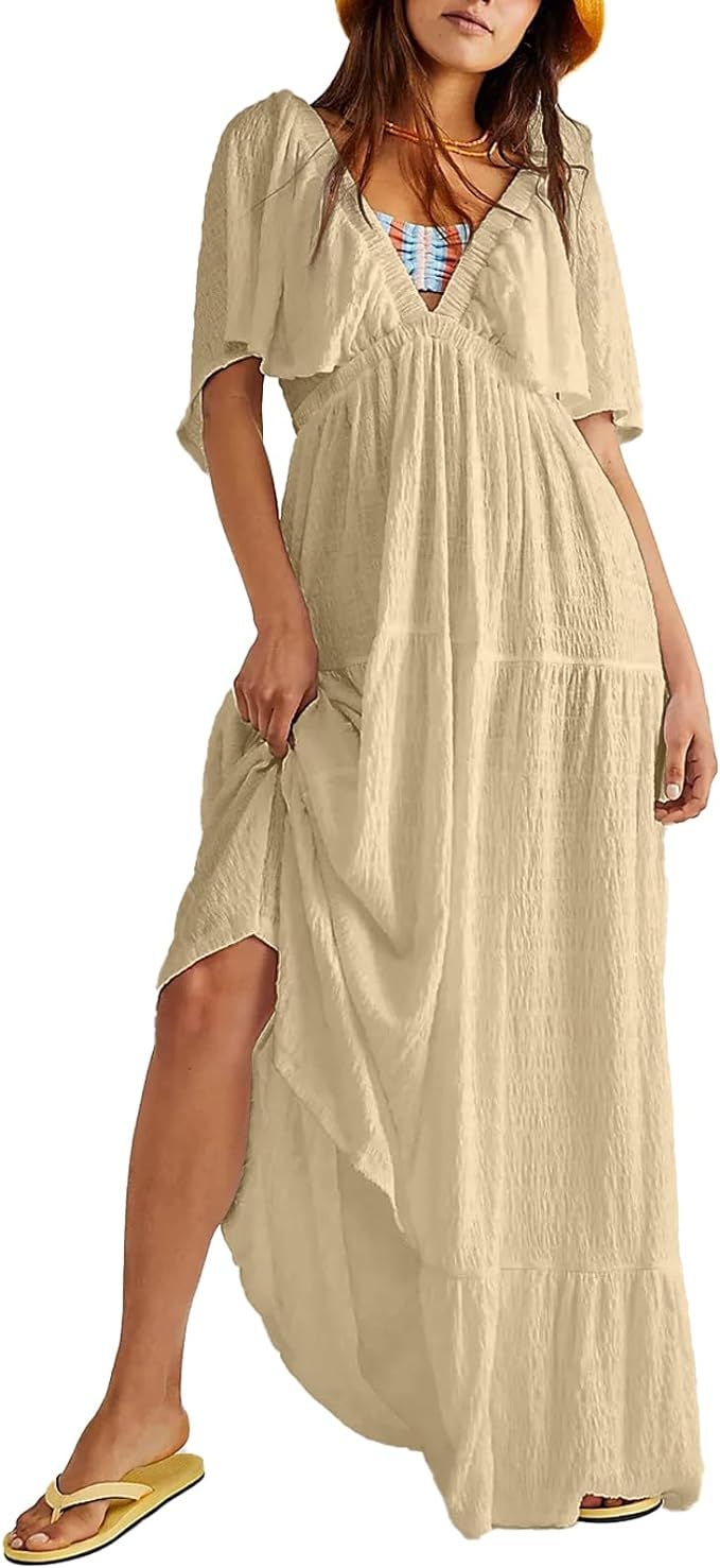 Shiyifa Women's Deep V Neck Tiered Dress Flutter Sleeve Elastic High Waist Flowy A Line Dresses | Amazon (US)