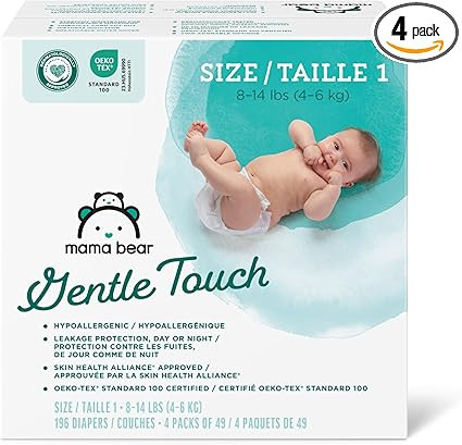 Amazon Brand - Mama Bear Gentle Touch Diapers, Hypoallergenic, Size 1, 196 Count (4 packs of 49),... | Amazon (US)