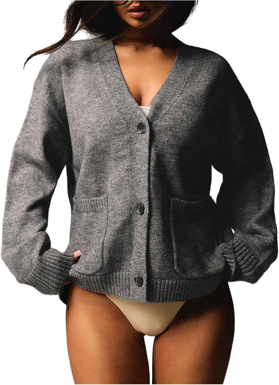 RoseSeek Women's V Neck Button Down Cardigan Long Sleeve Knit Sweaters Outerwear with Pockets | Amazon (US)