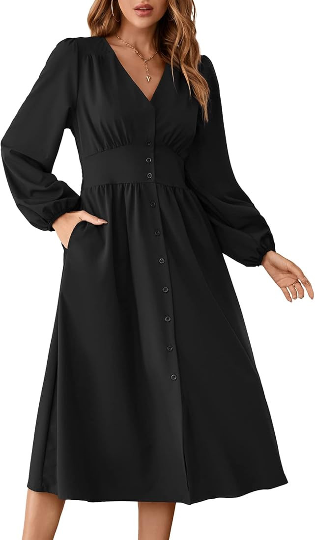 Zexxxy Women's Dresses Casual Short Sleeves Button Down V Neck Summer Midi Dress with Pockets S-2XL | Amazon (US)