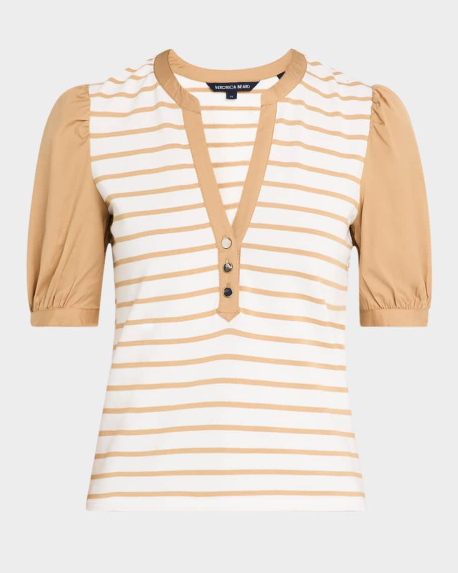 Kellie Stripe Puff-Sleeve Combo Top | Neiman Marcus