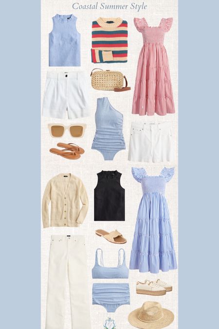 My summer capsule wardrobe, complete with plenty of red, white, blue, and a sprinkle of black and tan. 🍸🌊🐚🦪 Coastal Style / Summer Wardrobe / New England Style / Cape Cod Summer Style / Preppy Style / Coastal Grandmother Summer / Coastal Granddaughter / Beachy Style / Modest Style / Feminine Style