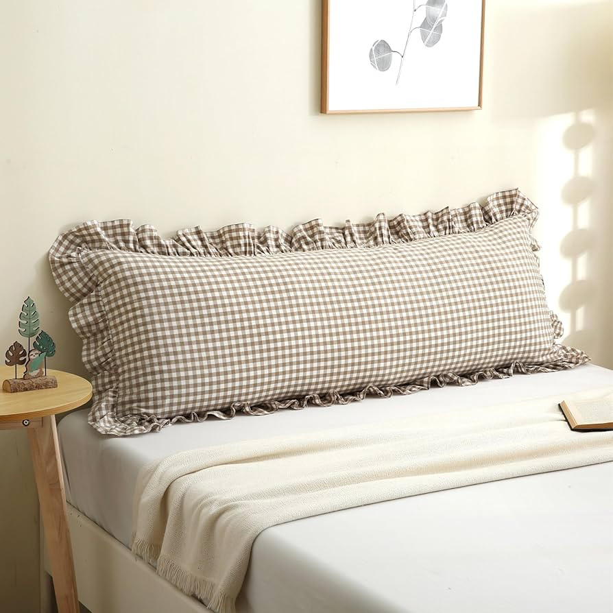 Vintage Gingham Ruffled Pillow Sham 20x54 Inches -Warm Taupe/White Plaid Farmhouse Decor | 100% W... | Amazon (US)