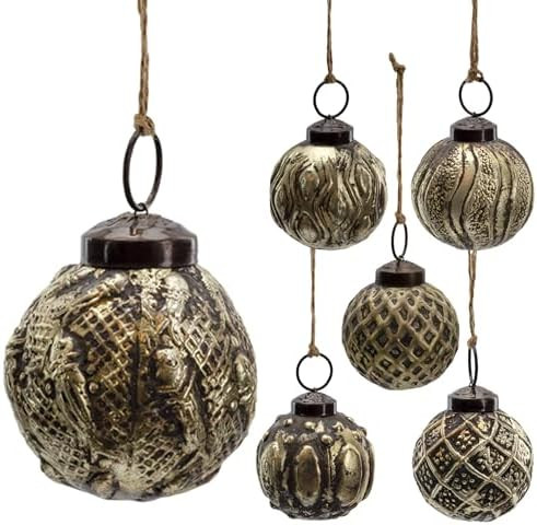 AuldHome Design Farmhouse Ball Ornaments (Set of 6, 2", Antique Gold); Distressed Metal Tin Glass... | Amazon (US)