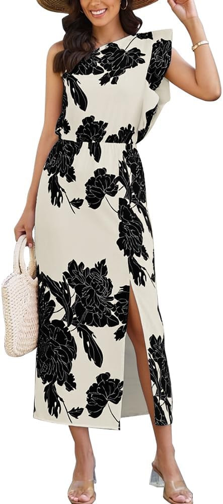 CCTOO Women Summer Floral Dresses Ruffle One Shoulder Sleeveless Flowy Beach Vacation Wedding Gue... | Amazon (US)