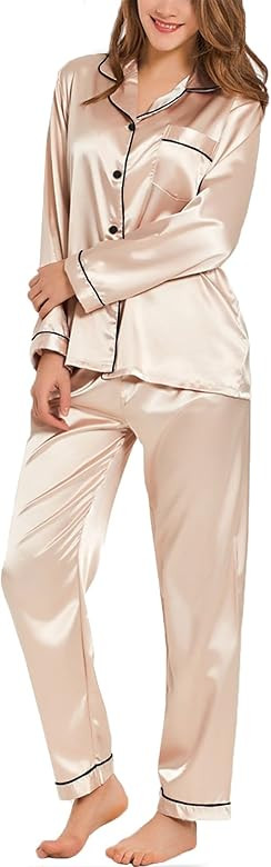 SWOMOG Womens Silk Satin Pajamas Loungewear Two-piece Sleepwear Button-Down Pj Set | Amazon (US)