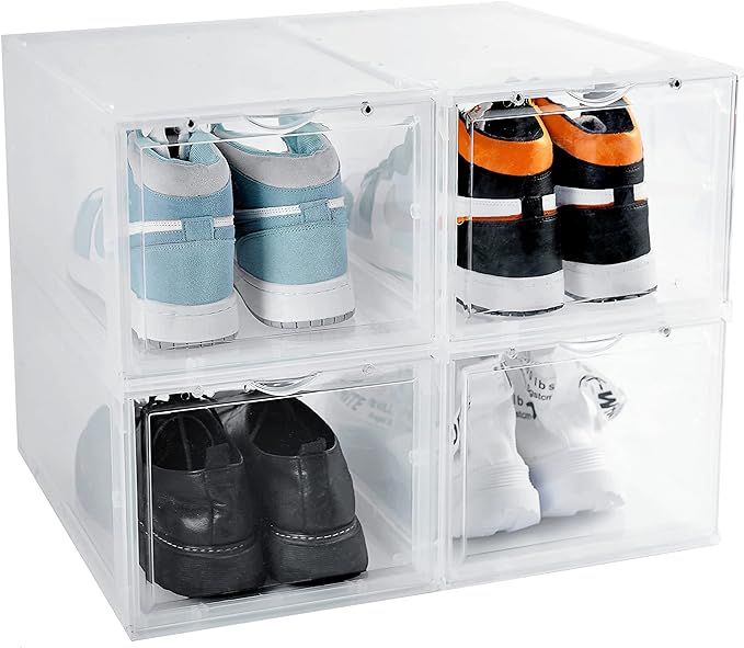 BYFU 4 Pack Shoe Storage Box Stackable, Clear Plastic Shoe Container Sneaker Box Shoe Organizer f... | Amazon (US)