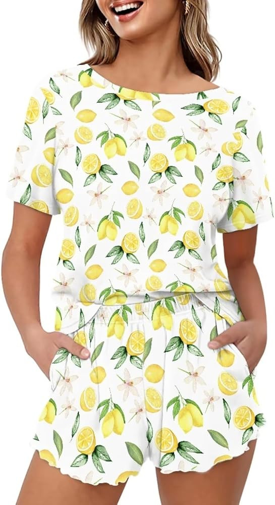 Short Sleeve Sets for Women 2 Piece Summer Outfits for Women Trendy Women's Fit Short-Sleeve Paja... | Amazon (US)