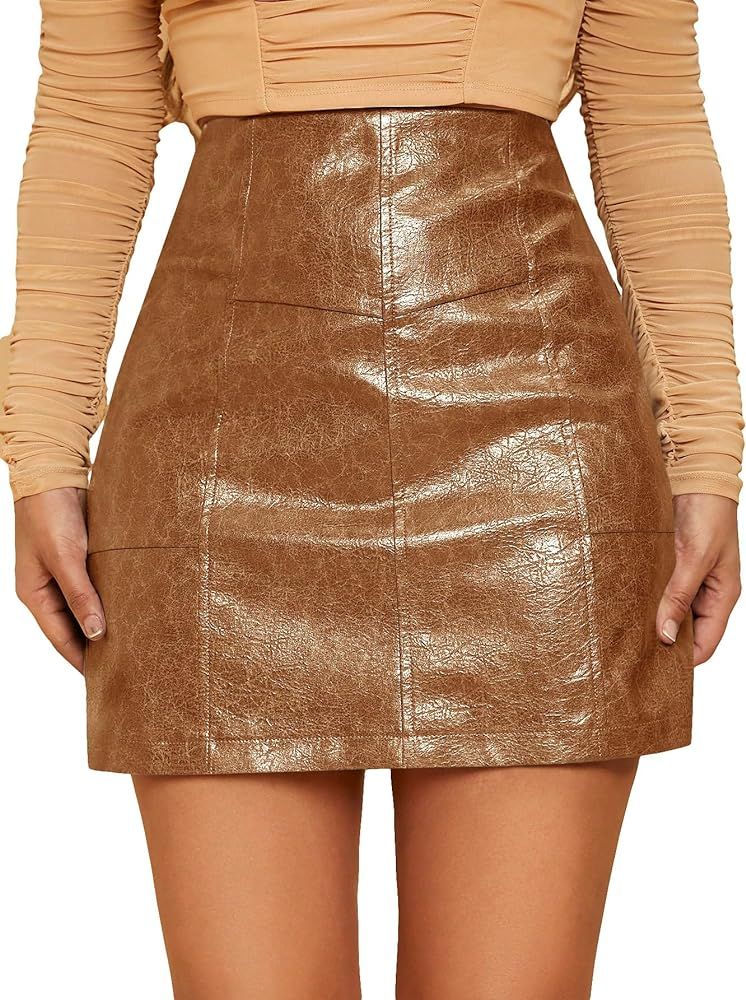 Floerns Women's Faux Leather Bodycon Split Mini Skirt | Amazon (US)