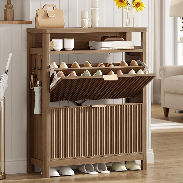 AOGLLATI Shoe Cabinet Storage,Narrow Fluted Shoe Rack Cabinet with 2 Flip Drawers, Wooden Freesta... | Amazon (US)