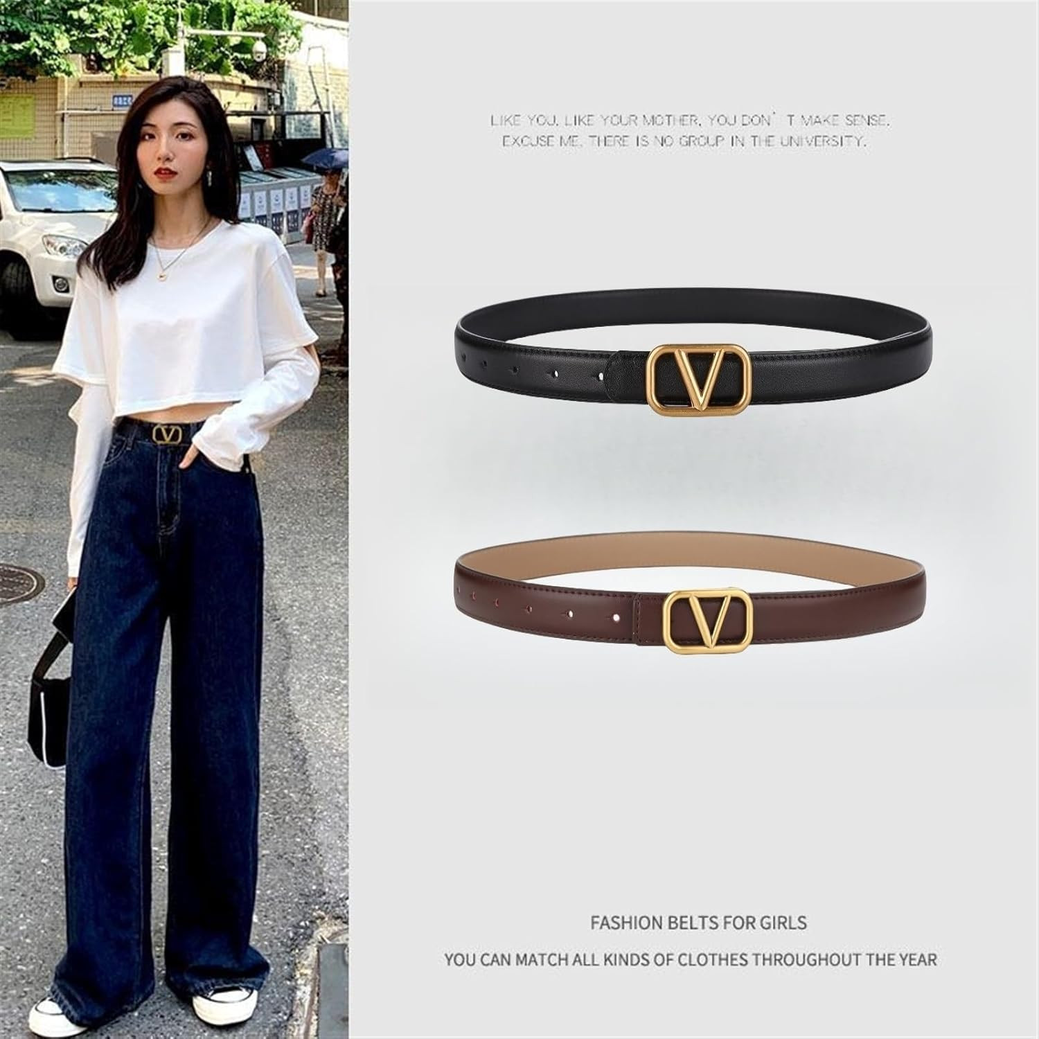 RLINEA Women's Casual Genuine Leather Belts for Jeans Dress Set Coat Pants, Fashion Waist Belts with V-Style Gold Buckle (Color : Camel, Size : 26"-36" Waist Adjustable) | Amazon (US)