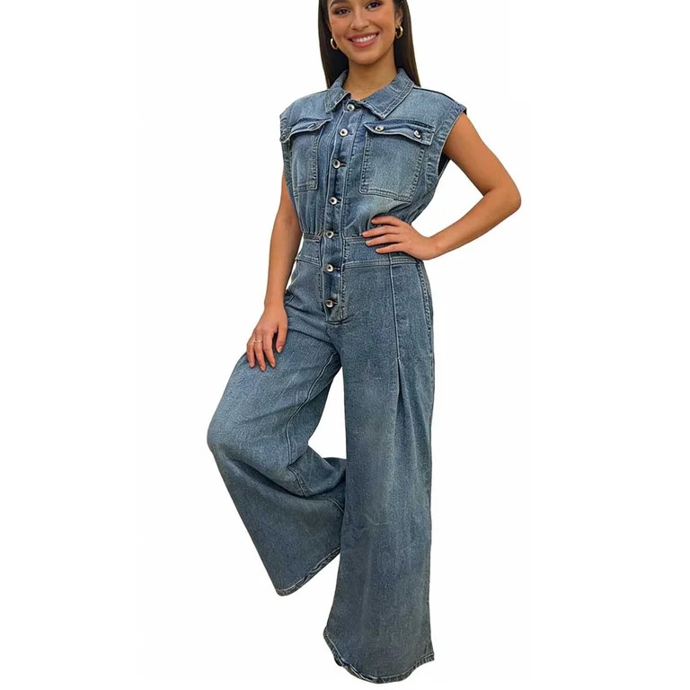 Maqroz Sleeveless Denim Jumpsuit For Women Chic One Piece Outfit Wide Leg Full Length Pants From ... | Walmart (US)