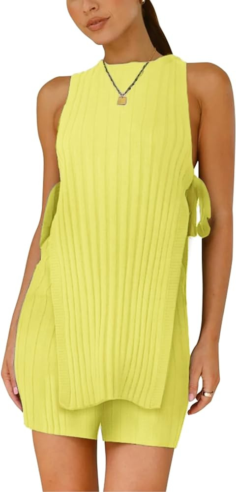VAOYIU Womens Summer Sweater Set Sleeveless Knit tie straps Top Matching Shorts 2 Piece Beach Vac... | Amazon (US)