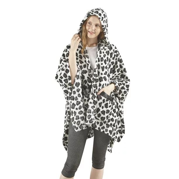 Plush Hooded Angel Wrap with Pockets, Snow Leopard, 50" x 60" | Walmart (US)