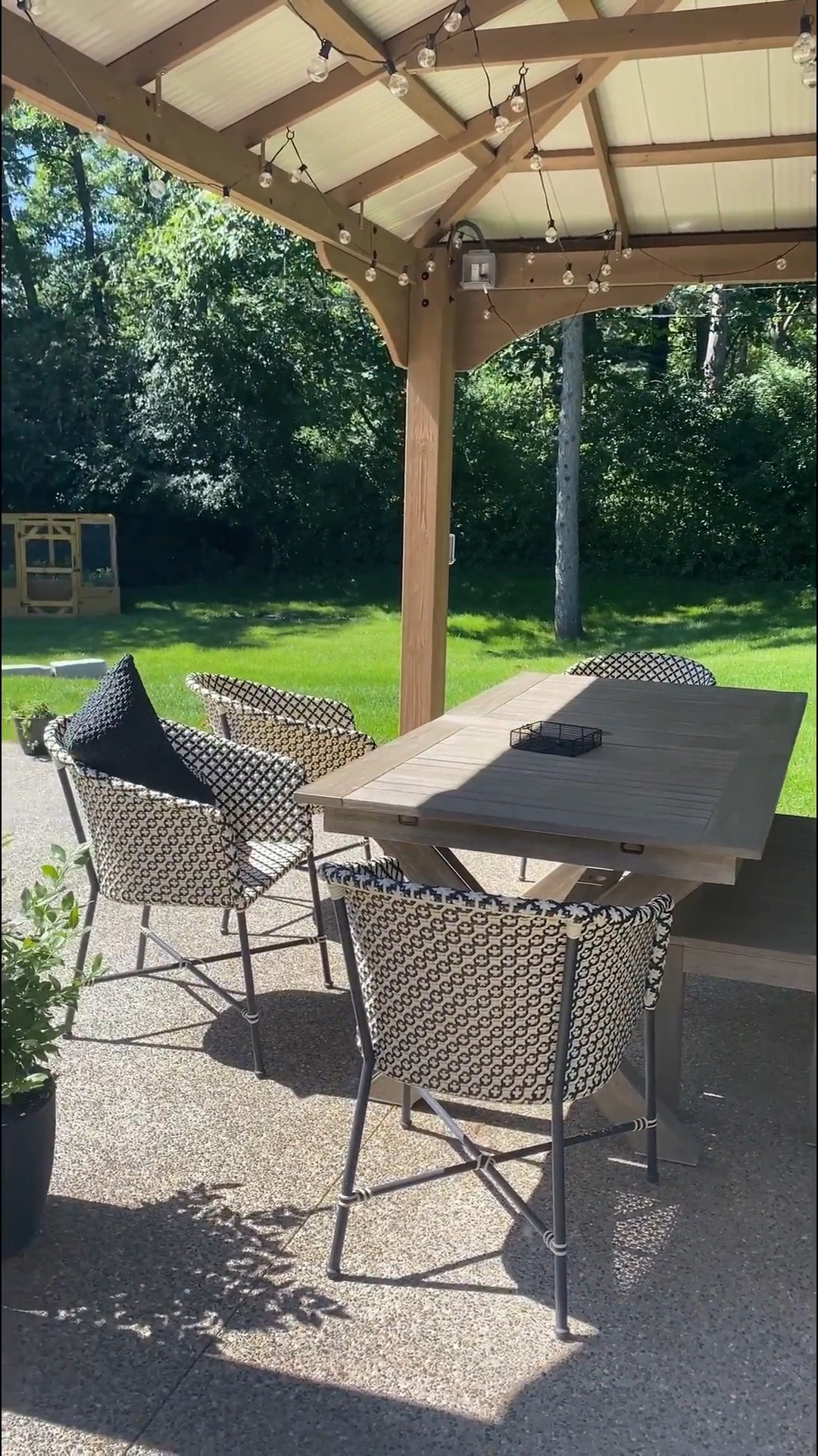 Patio must-haves:

✅ dining table
✅ comfy chairs
✅ string lights
✅ outdoor curtains

#patio #backyard #outdoordining #patioweather #patioseason #patiodecor #patiostyle

#LTKSeasonal #LTKHome #LTKSaleAlert